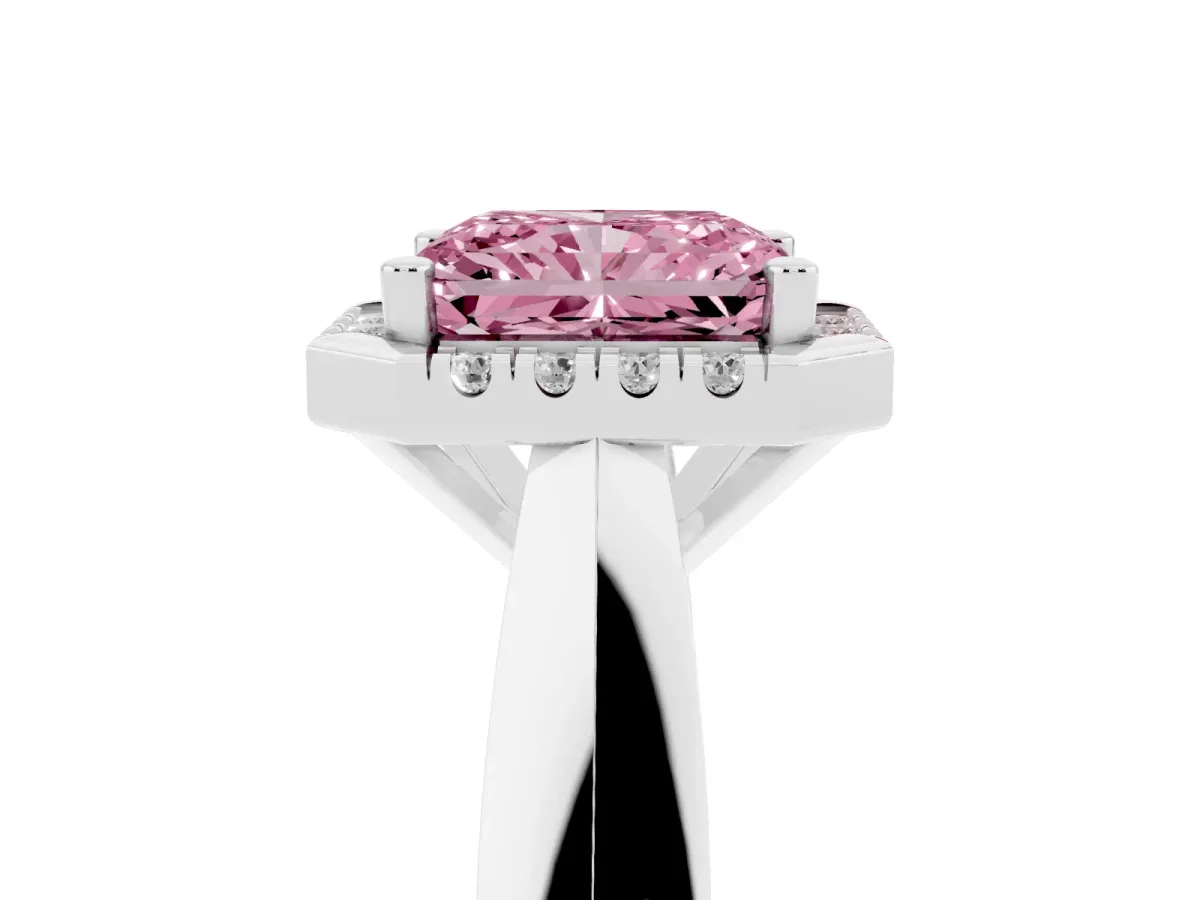 Fancy Pink Radiant Cut Cut Halo Solitaire Engagement Ring with Square Band and Four-Prong Setting White gold