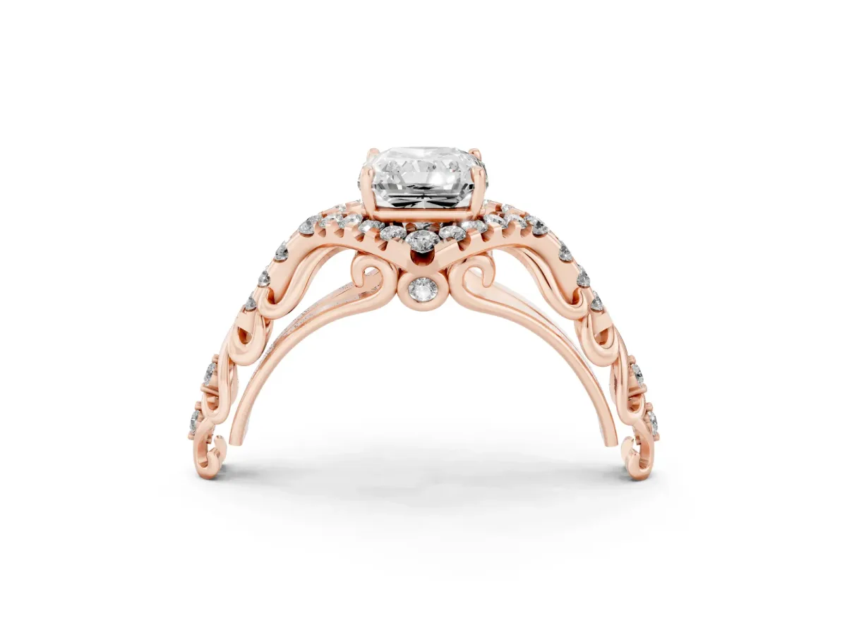 Radiant Cut Diamond Solitaire Ring with Hidden Halo and Pavé Band Rose gold