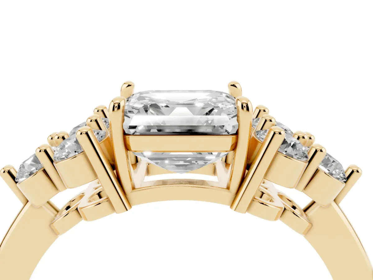 Asscher Cut Brilliant Diamond Cluster Accent Solitaire Ring with Prong Setting Yellow gold