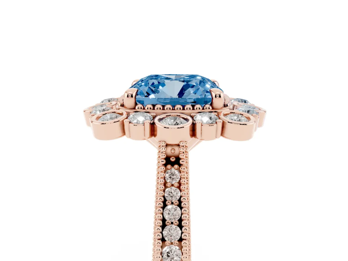 Fancy Blue Cushion Cut Halo Milgrain Pave Diamond Ring with Four-Prong Setting Rose gold