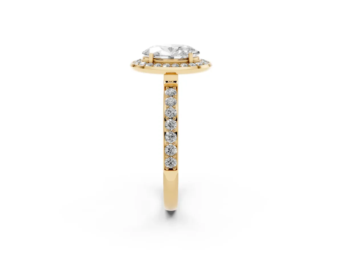 Oval Cut Diamond Halo Ring with Bezel Frame and Pavé Band Yellow gold