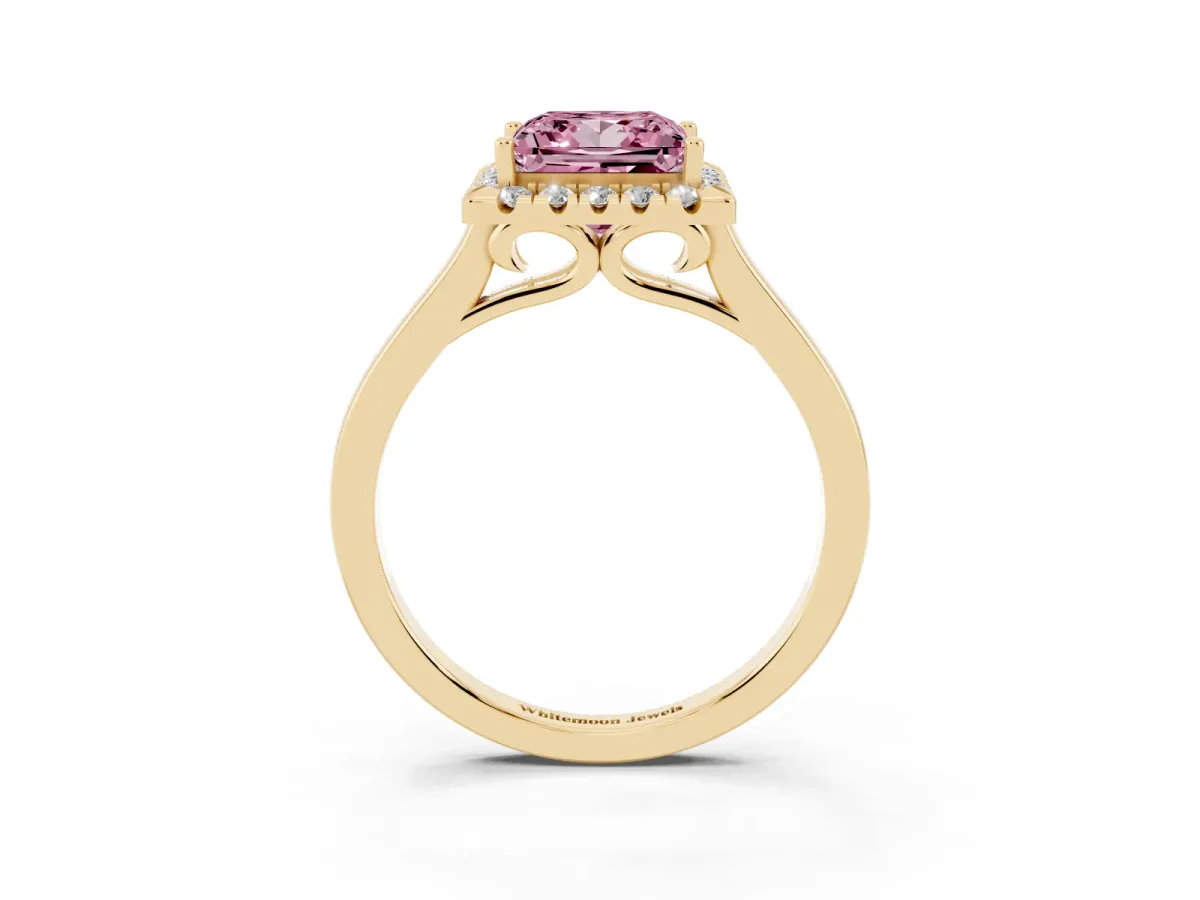 Fancy Pink Princess Cut Halo Round Diamond Solitaire Ring with Pavé Band and Four-Prong Setting Yellow gold