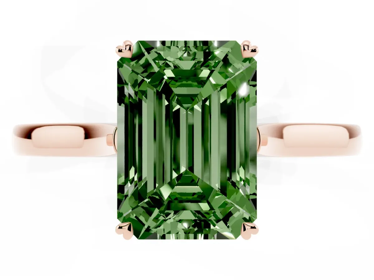 Fancy Green Emerald Cut Solitaire Heart Prong Engagement Ring with Tapered Band Rose gold