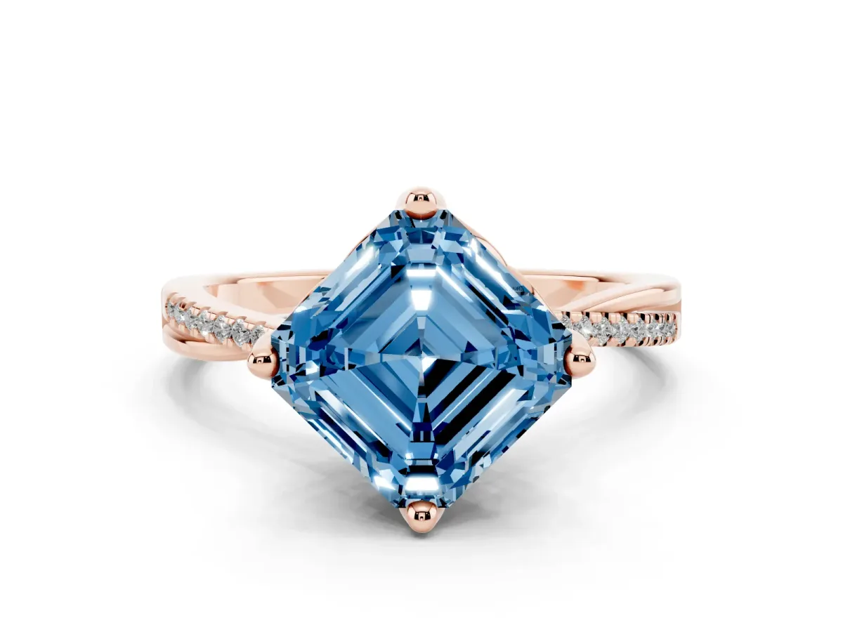 Fancy Blue Asscher Cut Solitaire Twist Band with Pavé Diamonds and Four-Prong Setting Rose gold