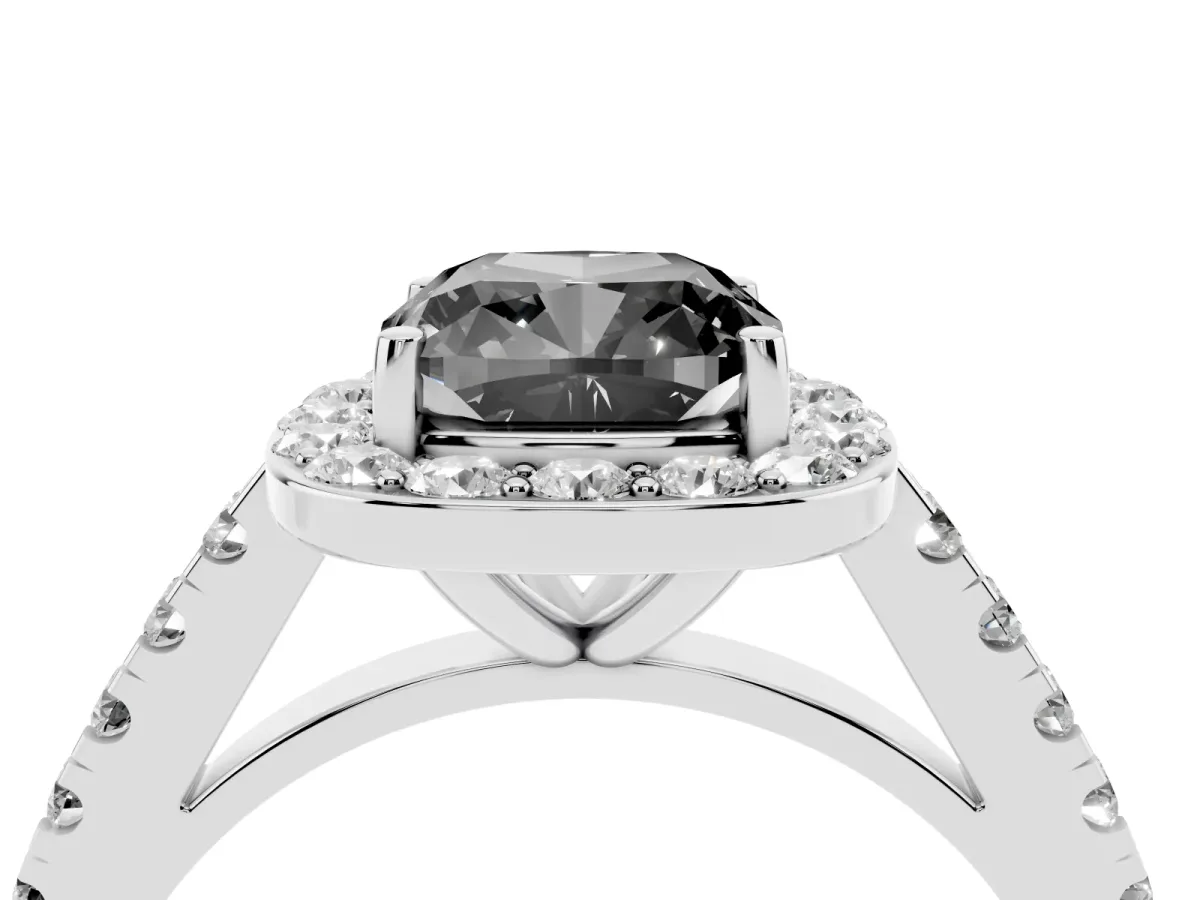 Fancy Black Cushion Cut Diamond Halo Ring with Round Pavé Split Shank and Prong Setting Silver