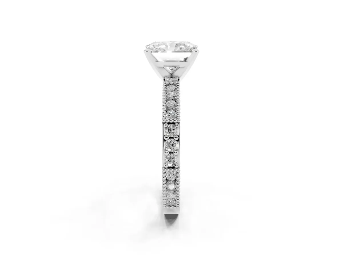 Radiant Cut Solitaire with Pavé Band and Four-Prong Setting Platinum