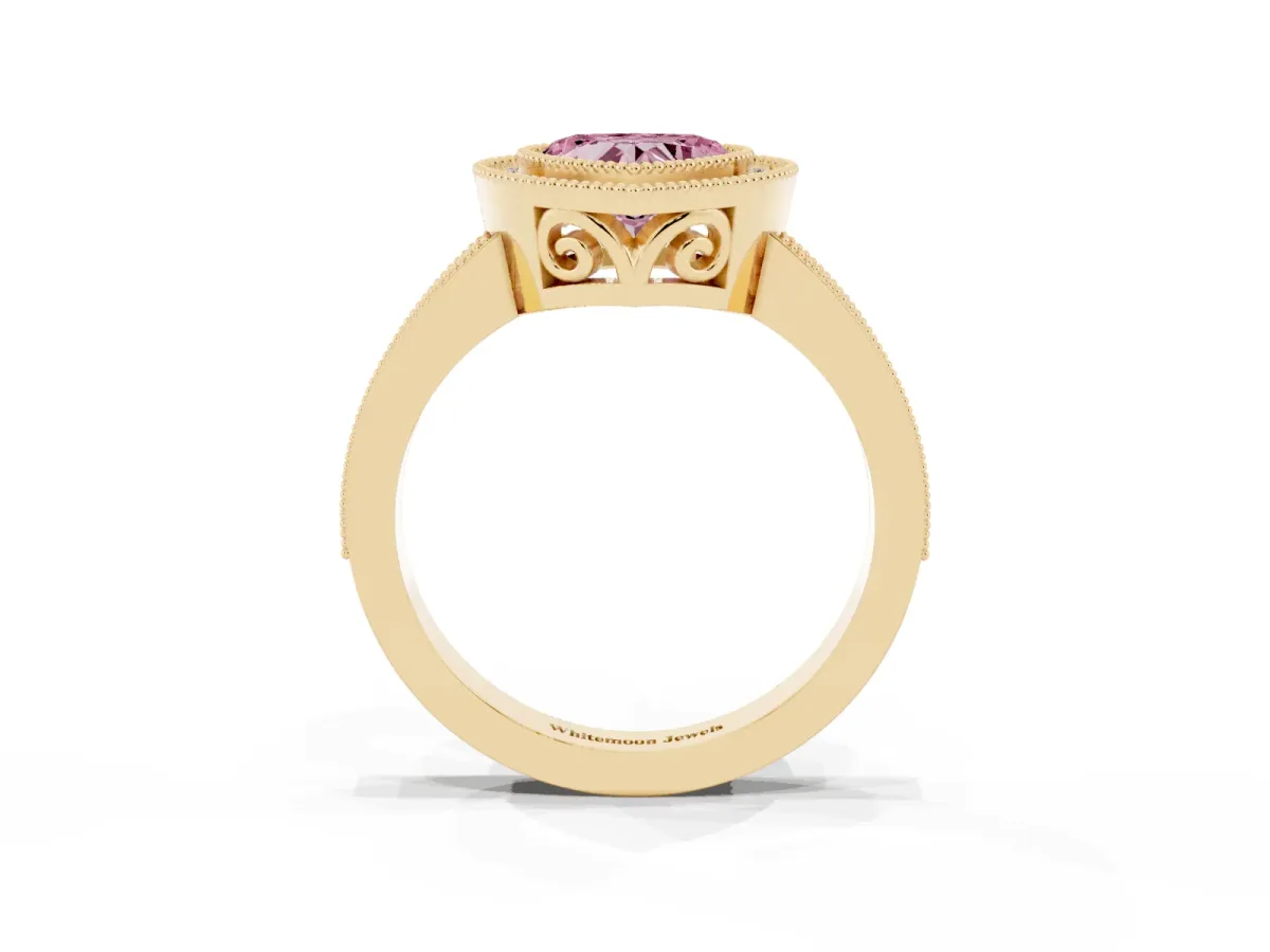 Fancy Pink Heart Cut Cut Halo Diamond Ring with Pavé Band and Milgrain Prong Setting Yellow gold