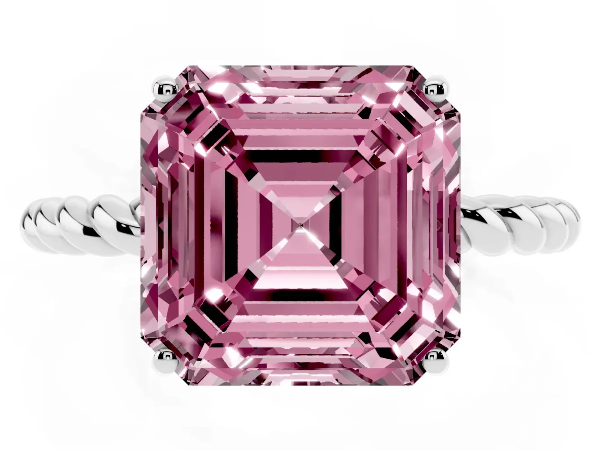 Fancy Pink Asscher Cut Solitaire Twisted Band 4-Prong Ring White gold