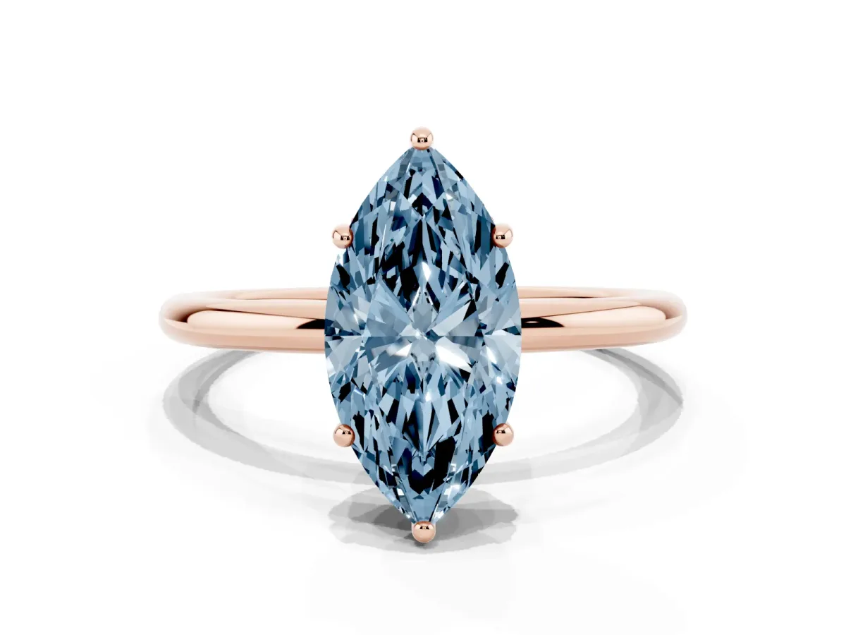 Fancy Blue Marquise Cut Solitaire Diamond Ring with a Classic Band and Four-Prong Setting Rose gold