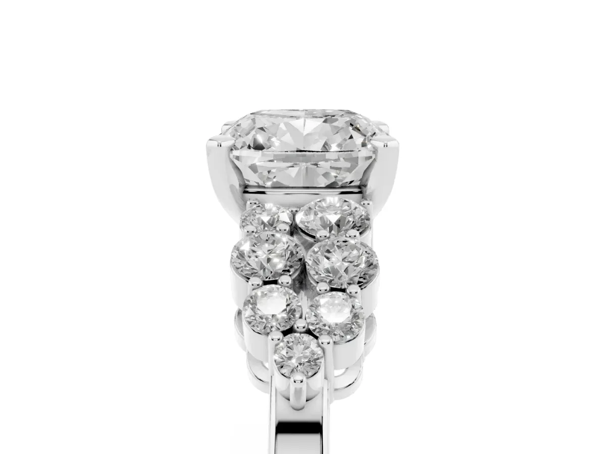 Cushion Cut Cluster Diamond Engagement Ring with Pavé Band and Four-Prong Setting Silver