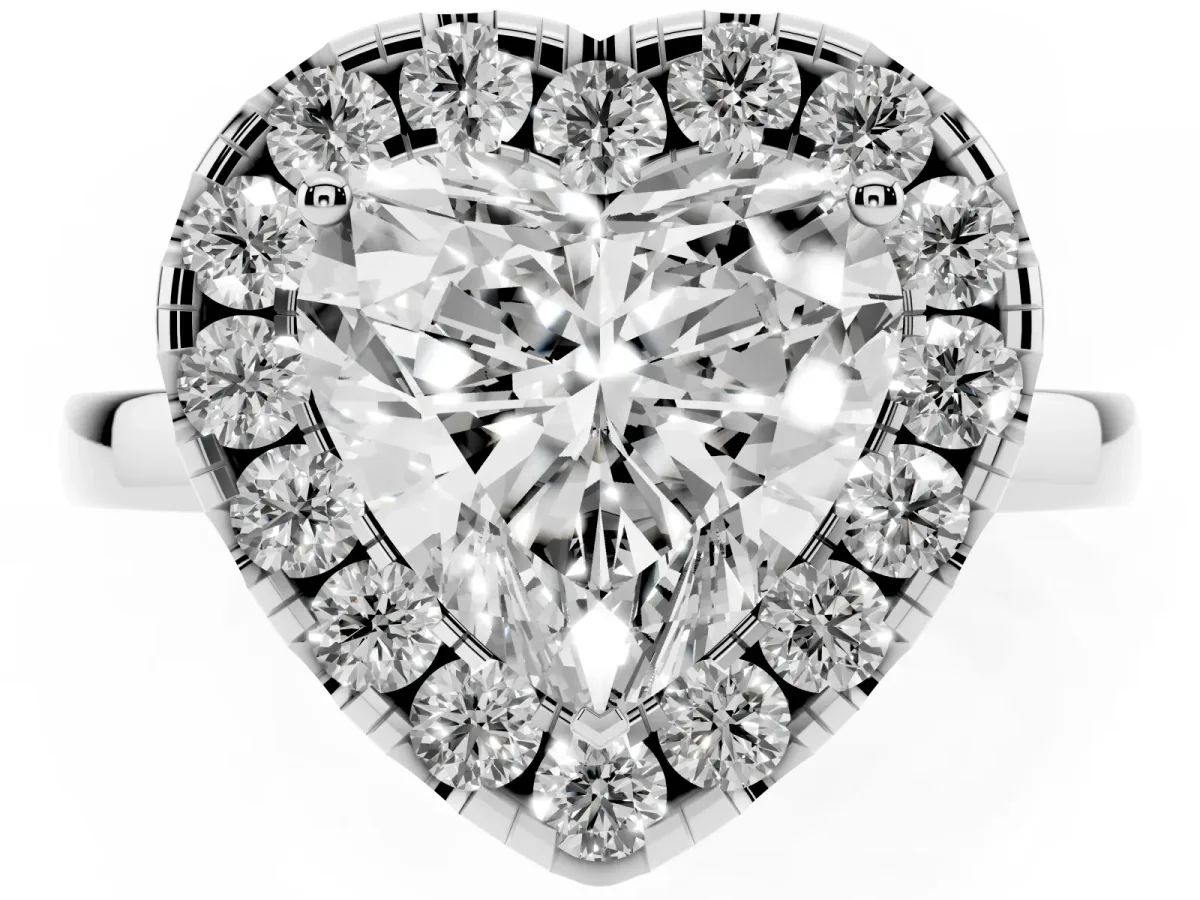 Heart Cut Halo Diamond Solitaire with Pavé Band and Four-Prong Setting Platinum