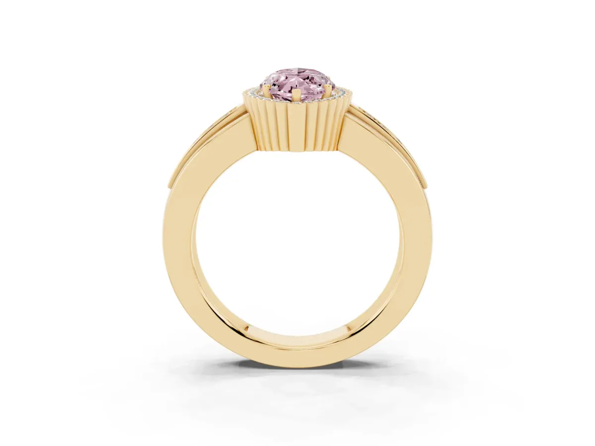 Fancy Pink Marquise Cut Cut Halo Pave Band Four-Prong Ring Yellow gold