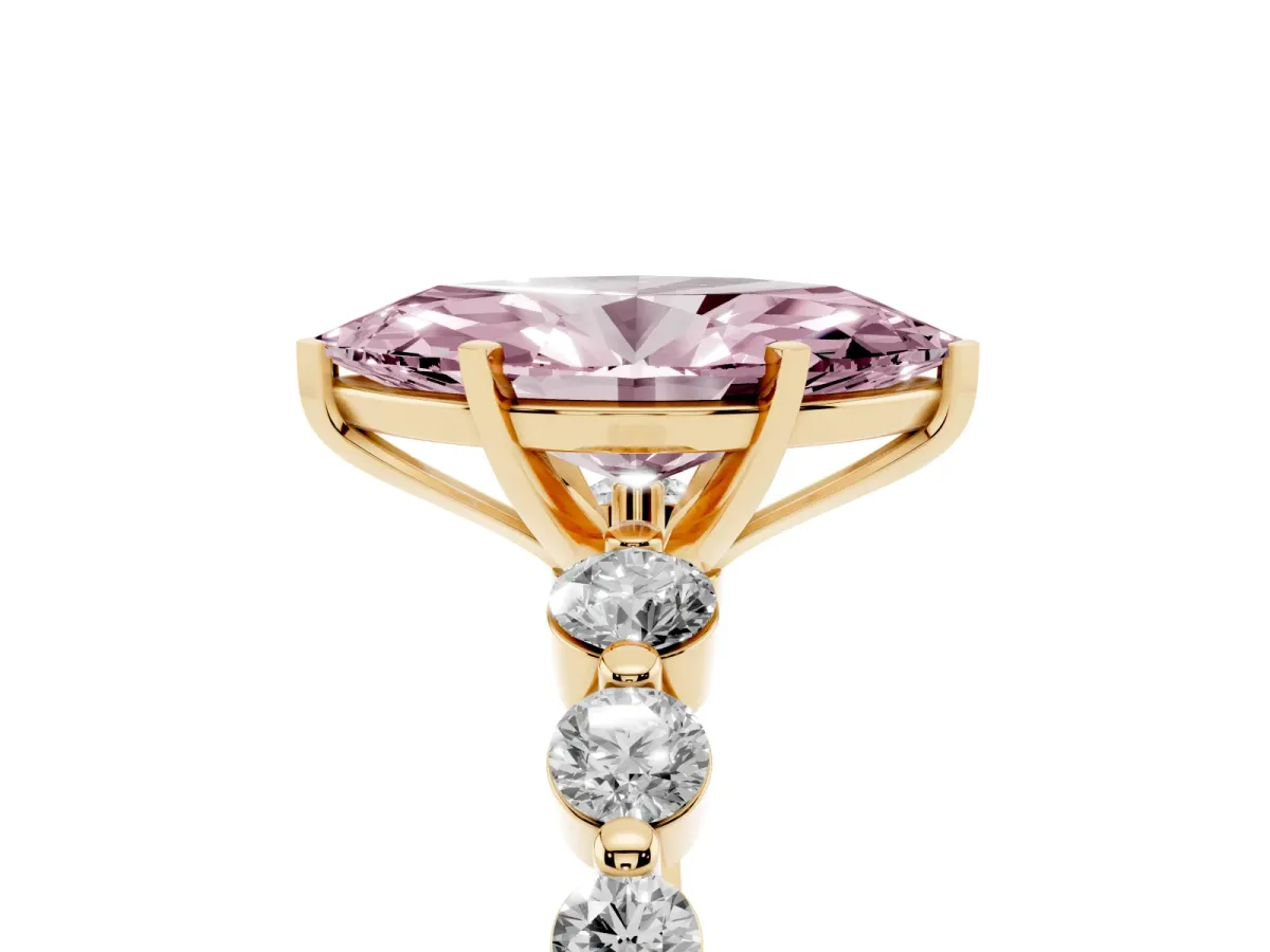 Fancy Pink Marquise Cut Solitaire Diamond Ring with Pave Band and Four-Prong Setting Yellow gold