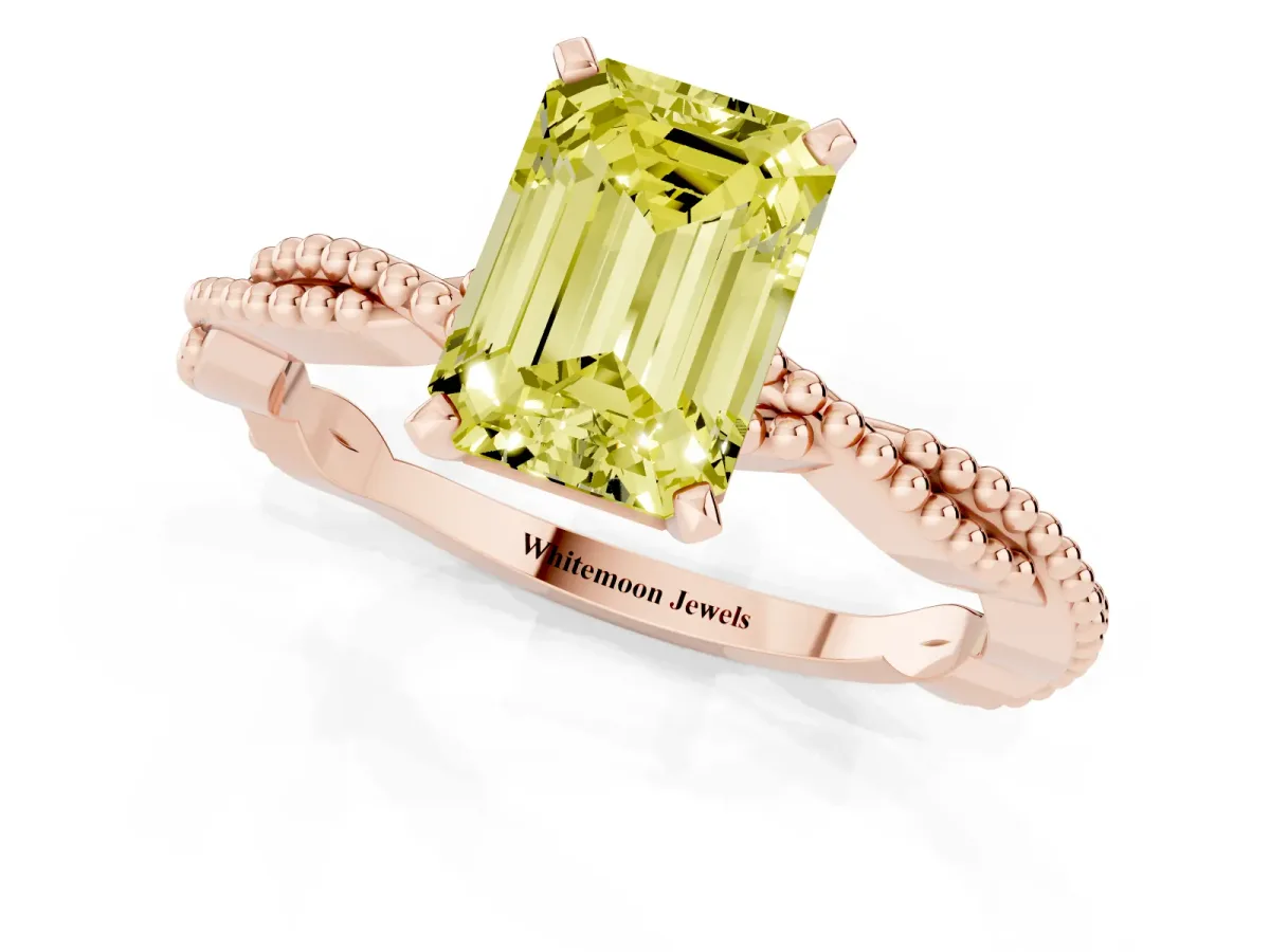 Fancy Yellow Emerald Cut Solitaire Twisted Band with Bead Prong Setting Rose gold