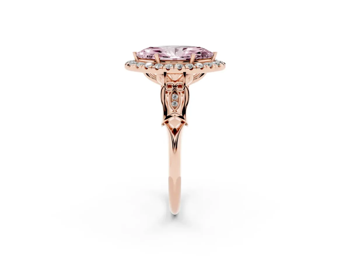 Fancy Pink Marquise Cut Halo Diamond Engagement Ring with Filigree Band and Four-Prong Setting Rose gold