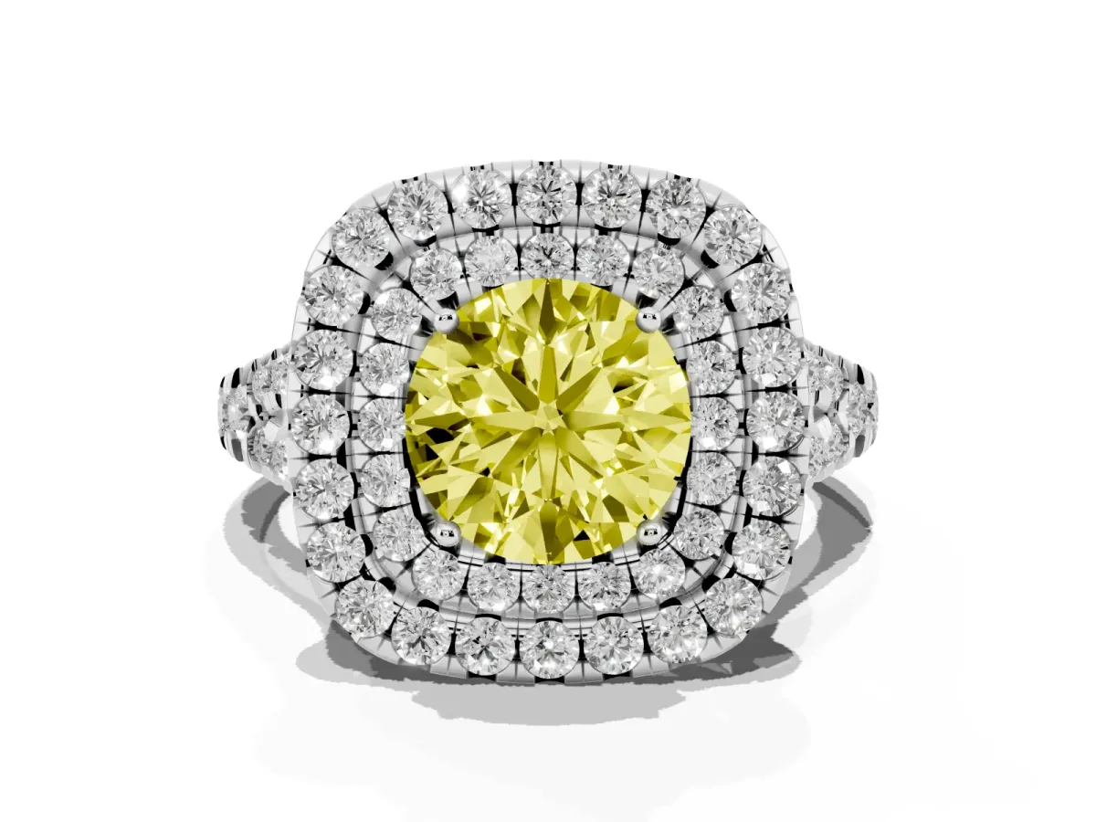 Fancy Yellow Double Halo Round Cut Diamond Pavé Split Shank Ring with Prong Setting Platinum