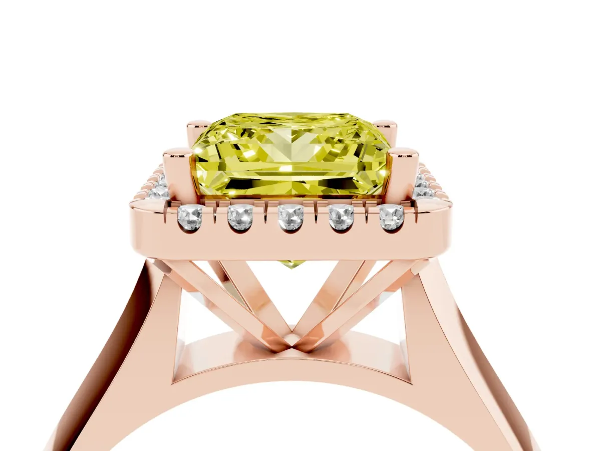 Fancy Yellow Princess Cut Cut Halo Solitaire Engagement Ring with Square Band and Four-Prong Setting Rose gold
