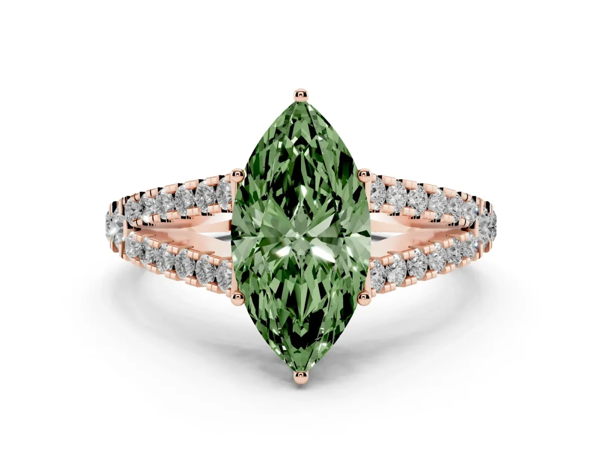 Fancy Green Marquise Cut Diamond Split Shank Pavé Engagement Ring with Four-Prong Setting Rose gold
