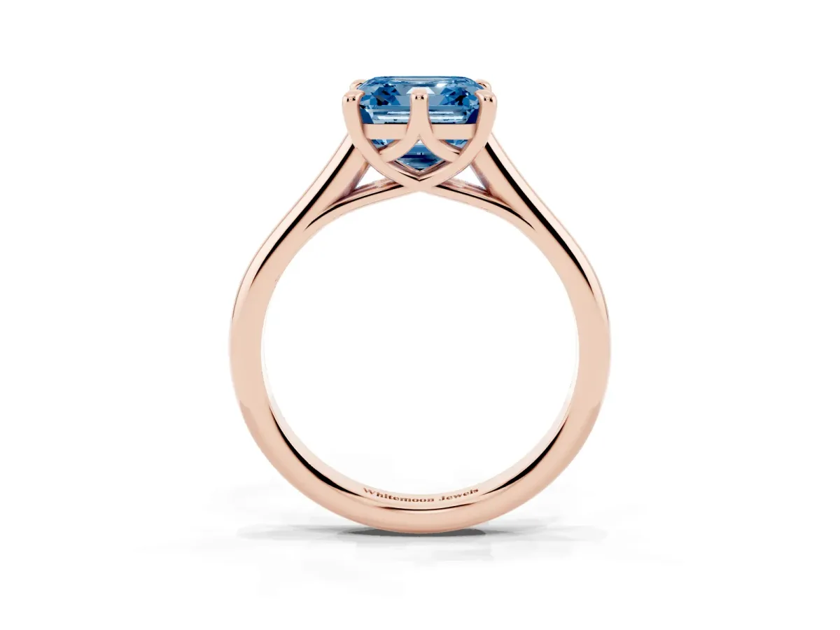 Fancy Blue Asscher Cut Solitaire Engagement Ring with Six-Prong Setting and Classic Band Rose gold