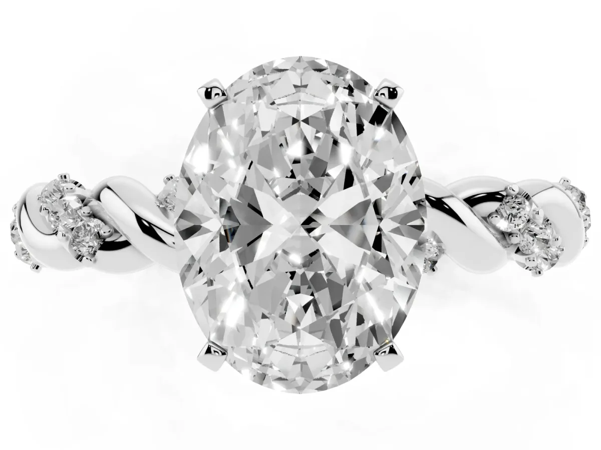 Oval Cut Diamond Solitaire Ring with Twisted Band and Pavé Accents White gold