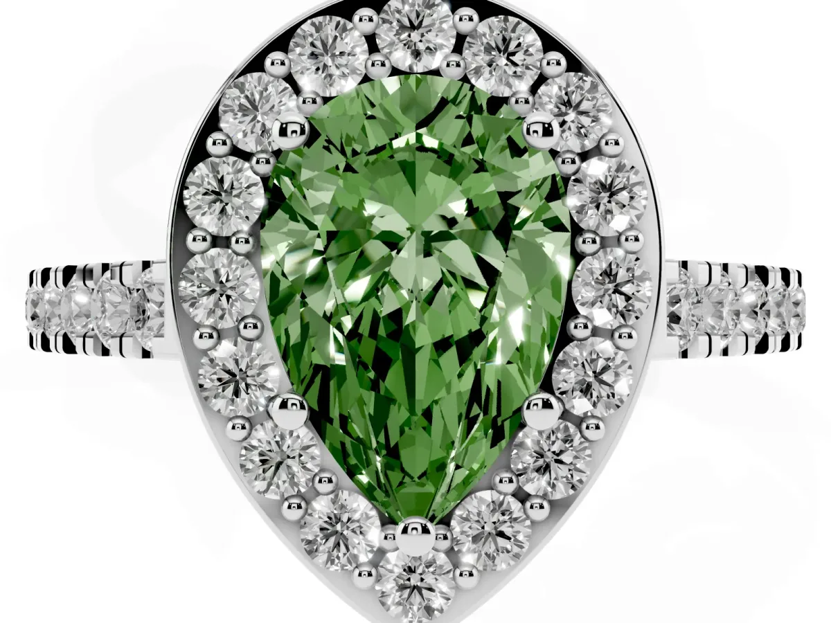 Fancy Green Pear Cut Diamond Halo Ring with Round Pavé Split Shank and Prong Setting Silver