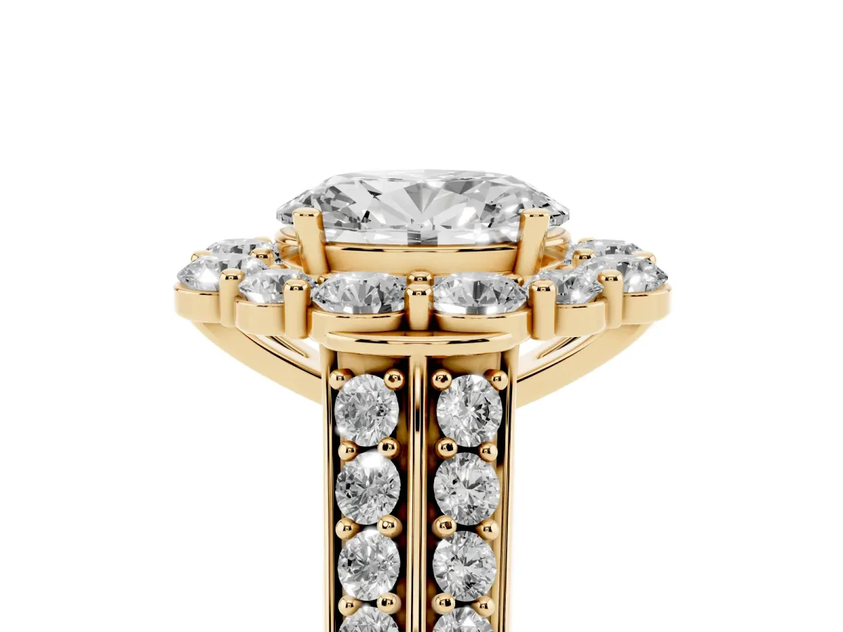 Oval Cut Halo Diamond Engagement Ring with Split Shank and Prong Setting Yellow gold