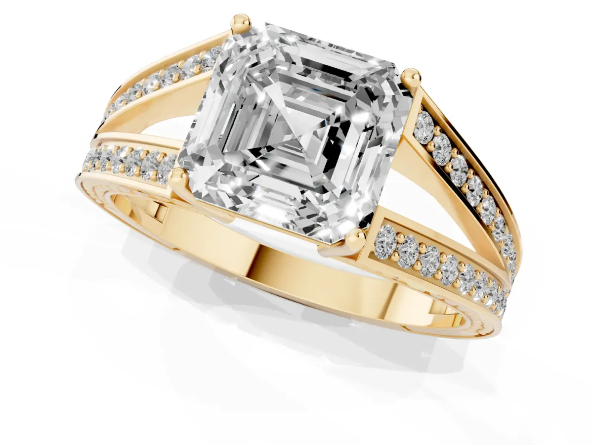 Asscher Cut Diamond Split Shank Ring with Pavé Band and Four-Prong Setting Yellow gold