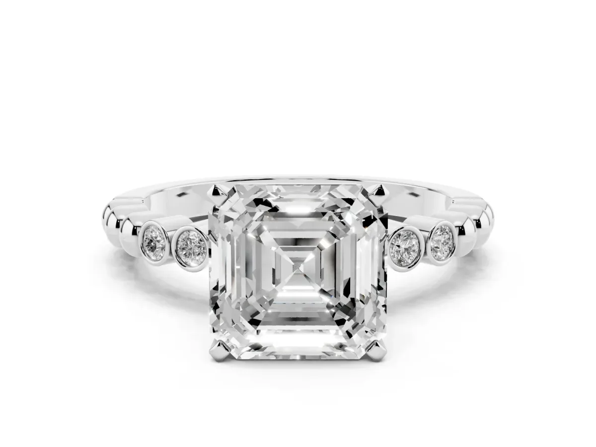 Asscher Cut Solitaire Bezel Accent Diamond Engagement Ring with Beaded Band and Four-Prong Setting Silver