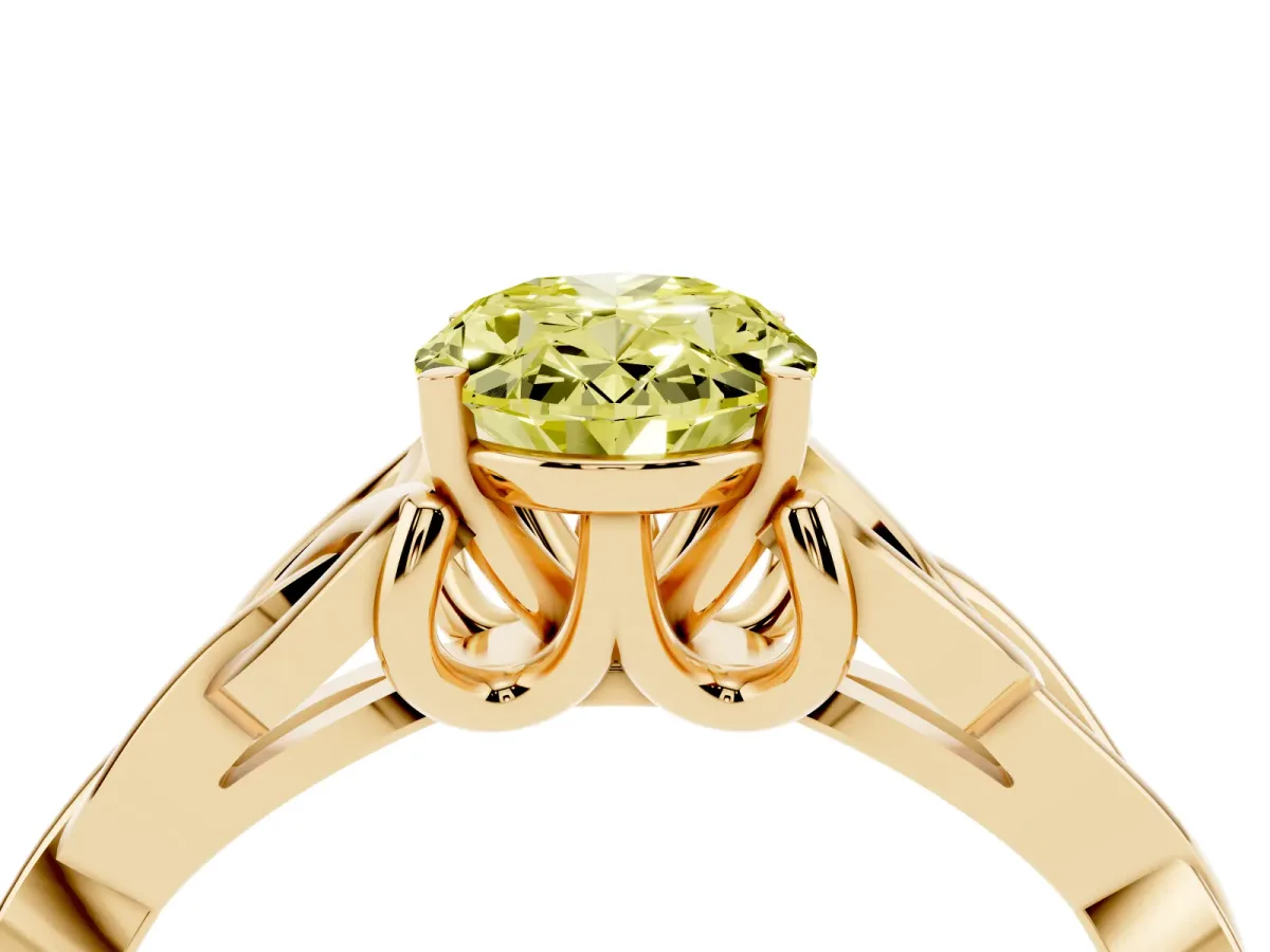 Fancy Yellow Oval Cut Diamond Solitaire Engagement Ring with Celtic Knot Band and Four-Prong Setting Yellow gold