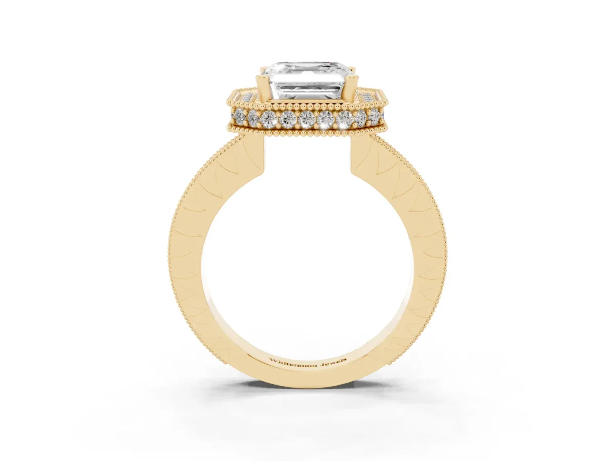 Asscher Cut Diamond Milgrain Halo Engagement Ring with Round Pavé Band and Prong Setting Yellow gold