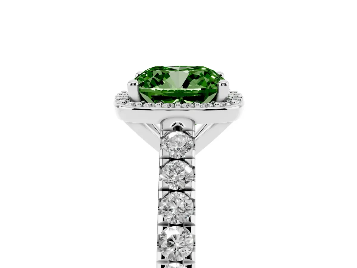Fancy Green Cushion Cut Cut Halo Diamond Engagement Ring with Pave Band and Four-Prong Setting White gold