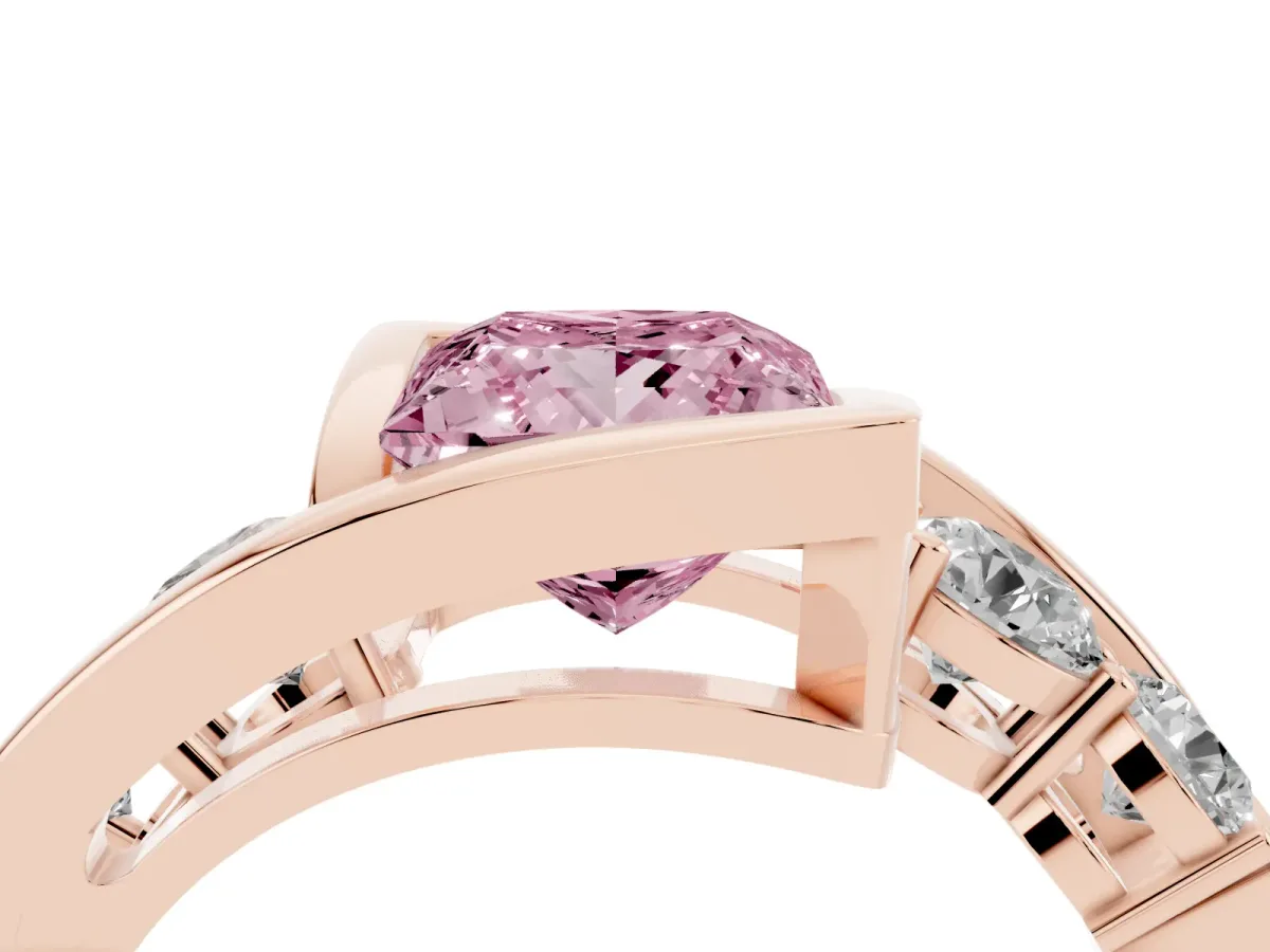 Fancy Pink Bezel Set Princess Cut Diamond Bypass Ring with Round Accents Rose gold