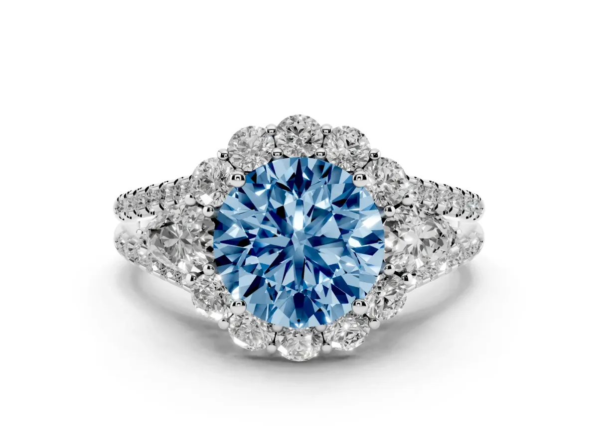 Fancy Blue Round Cut Halo Split Shank Diamond Engagement Ring with Prong Setting White gold