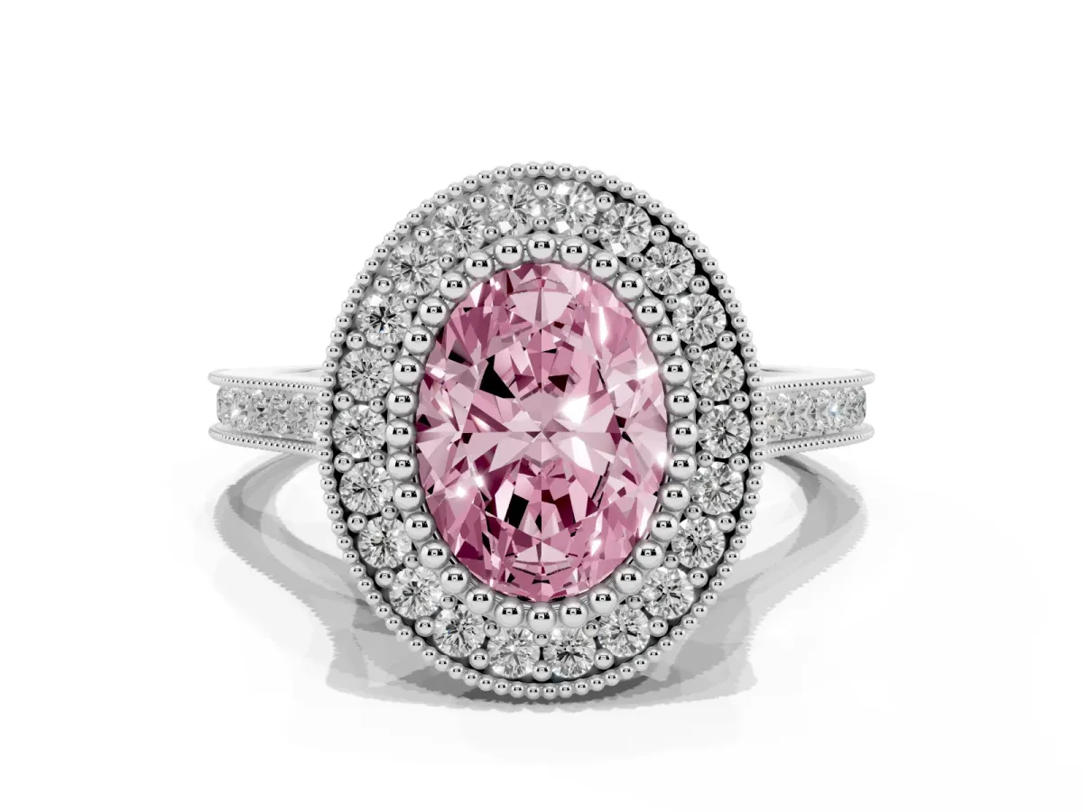 Fancy Pink Oval Cut Diamond Halo Ring with Milgrain Frame and Pavé Band Silver