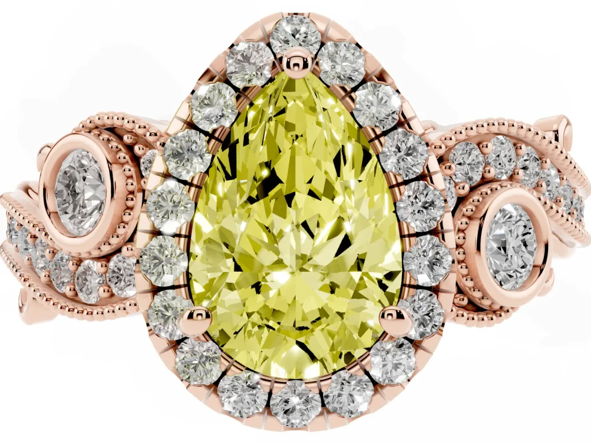 Fancy Yellow Pear Cut Halo Diamond Ring with Milgrain and Bezel Accents on a Split Shank Band Rose gold