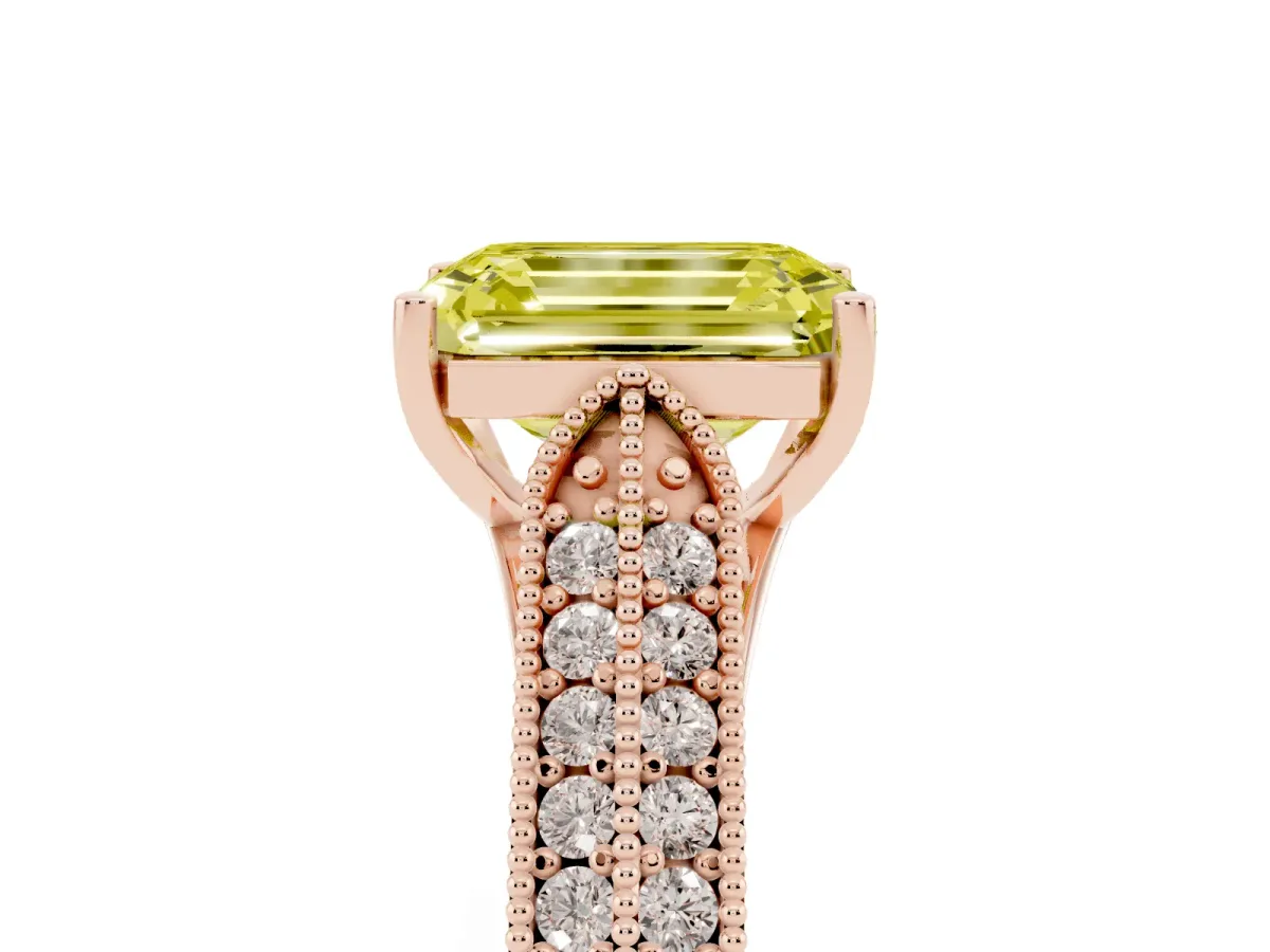 Fancy Yellow Emerald Cut Cut Pave Split Shank Engagement Ring with Four-Prong Setting Rose gold