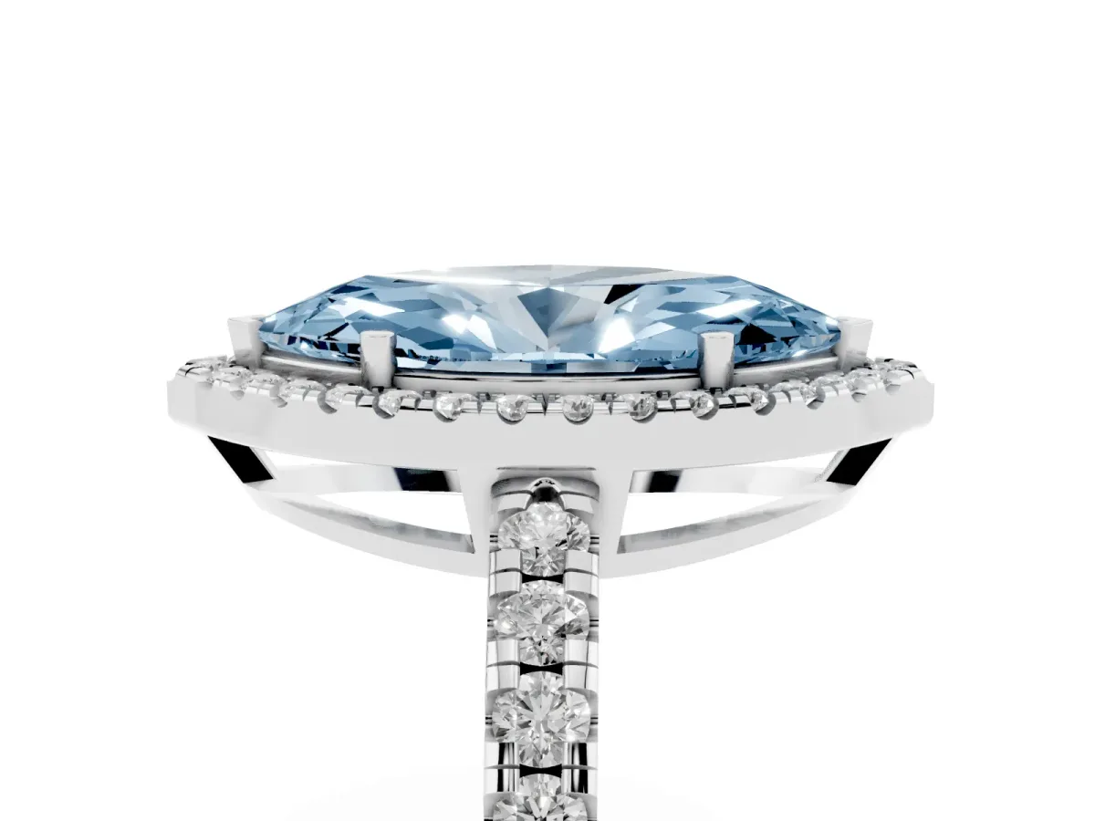 Fancy Blue Marquise Cut Diamond Halo Ring with Pavé Band and Four-Prong Setting White gold