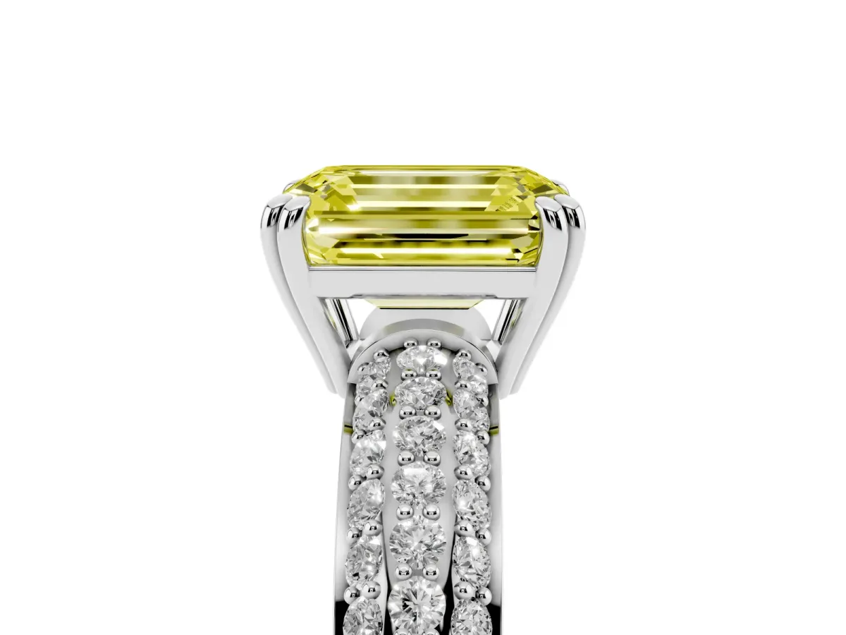Fancy Yellow Emerald Cut Diamond Solitaire Ring with Multi-Row Round Pavé Band and Prong Setting Platinum