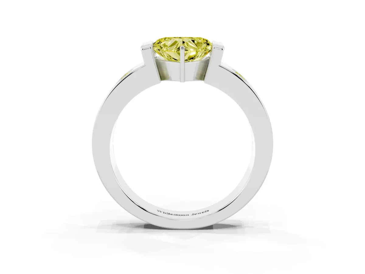 Fancy Yellow Heart Cut Brilliant Channel-Set Diamond Ring with Bezel Prong Setting Platinum