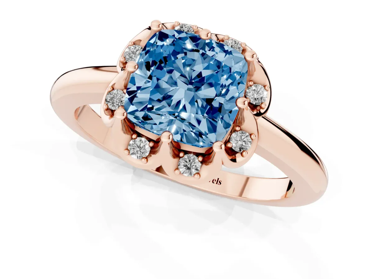 Fancy Blue Cushion Cut Halo Diamond Ring with Round Cluster Setting, Solitaire Band, and Four-Prong Setting Rose gold