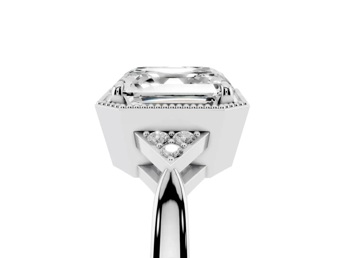 Asscher Cut Diamond Halo Ring with Tapered Band and Four-Prong Setting Silver