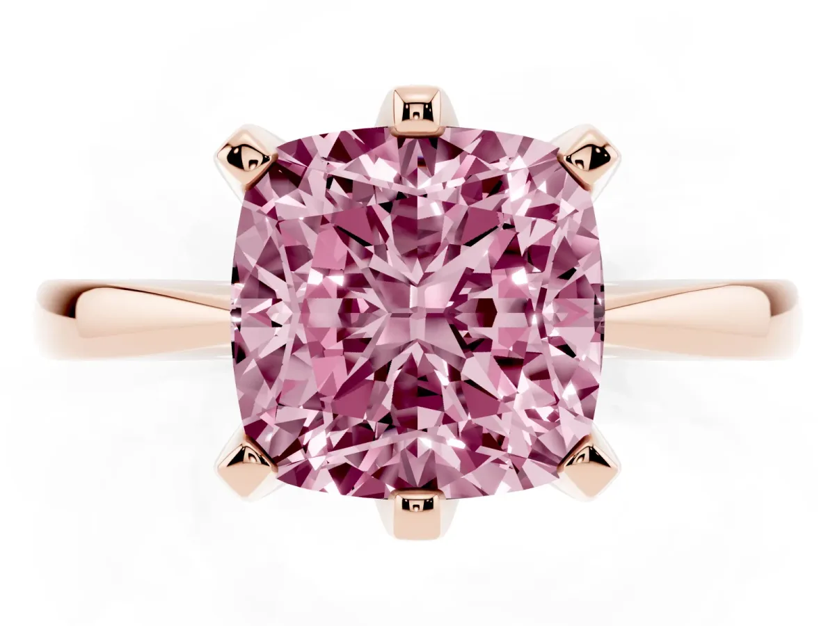 Fancy Pink Cushion Cut Solitaire Engagement Ring with Six-Prong Setting and Tapered Band Rose gold