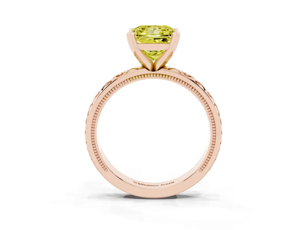 Fancy Yellow Princess Cut Solitaire Diamond Engagement Ring with XO Engraved Band and Four-Prong Setting Rose gold