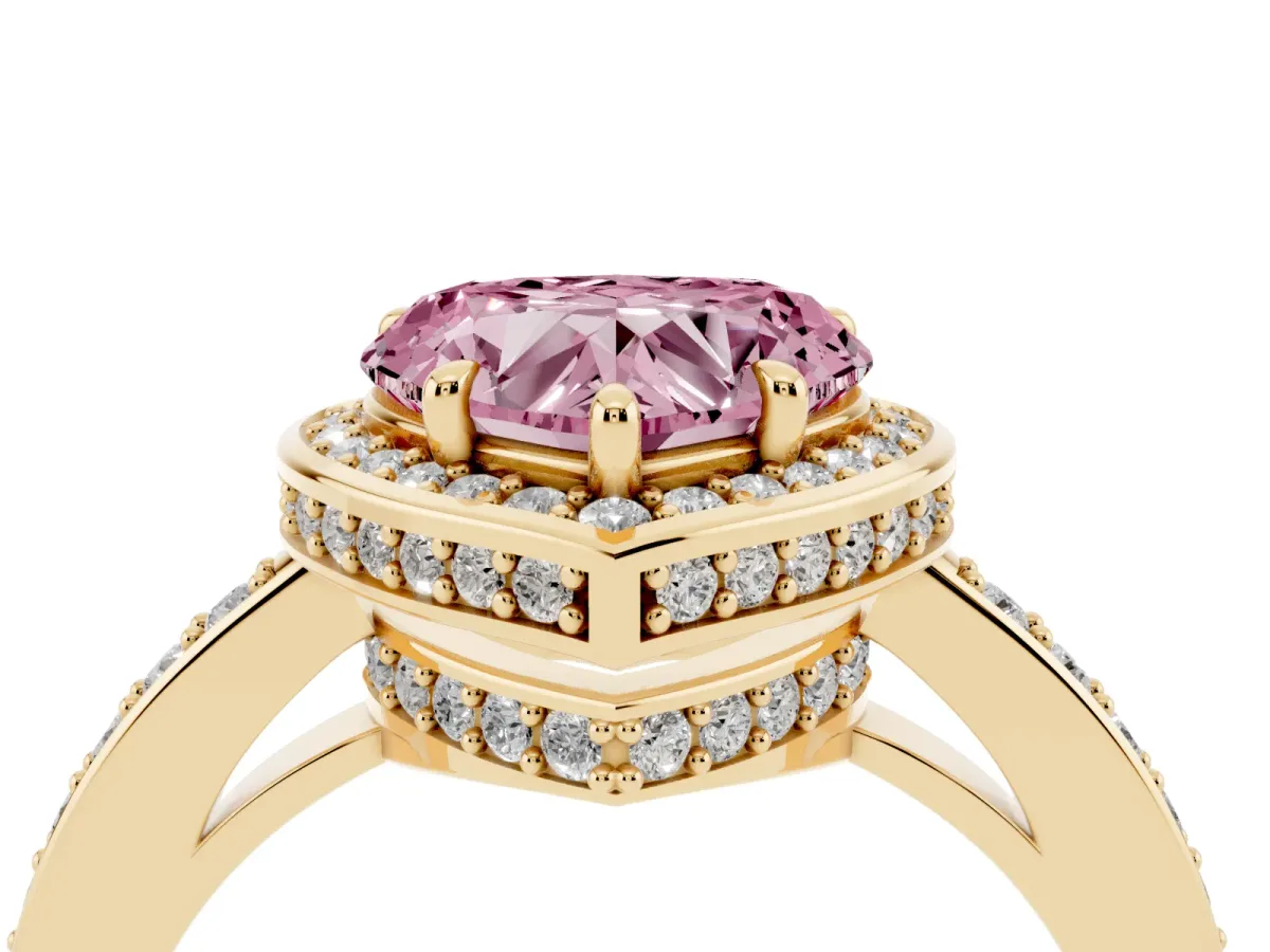 Fancy Pink Heart Cut Halo Pave Band Solitaire Ring with Prong Setting Yellow gold