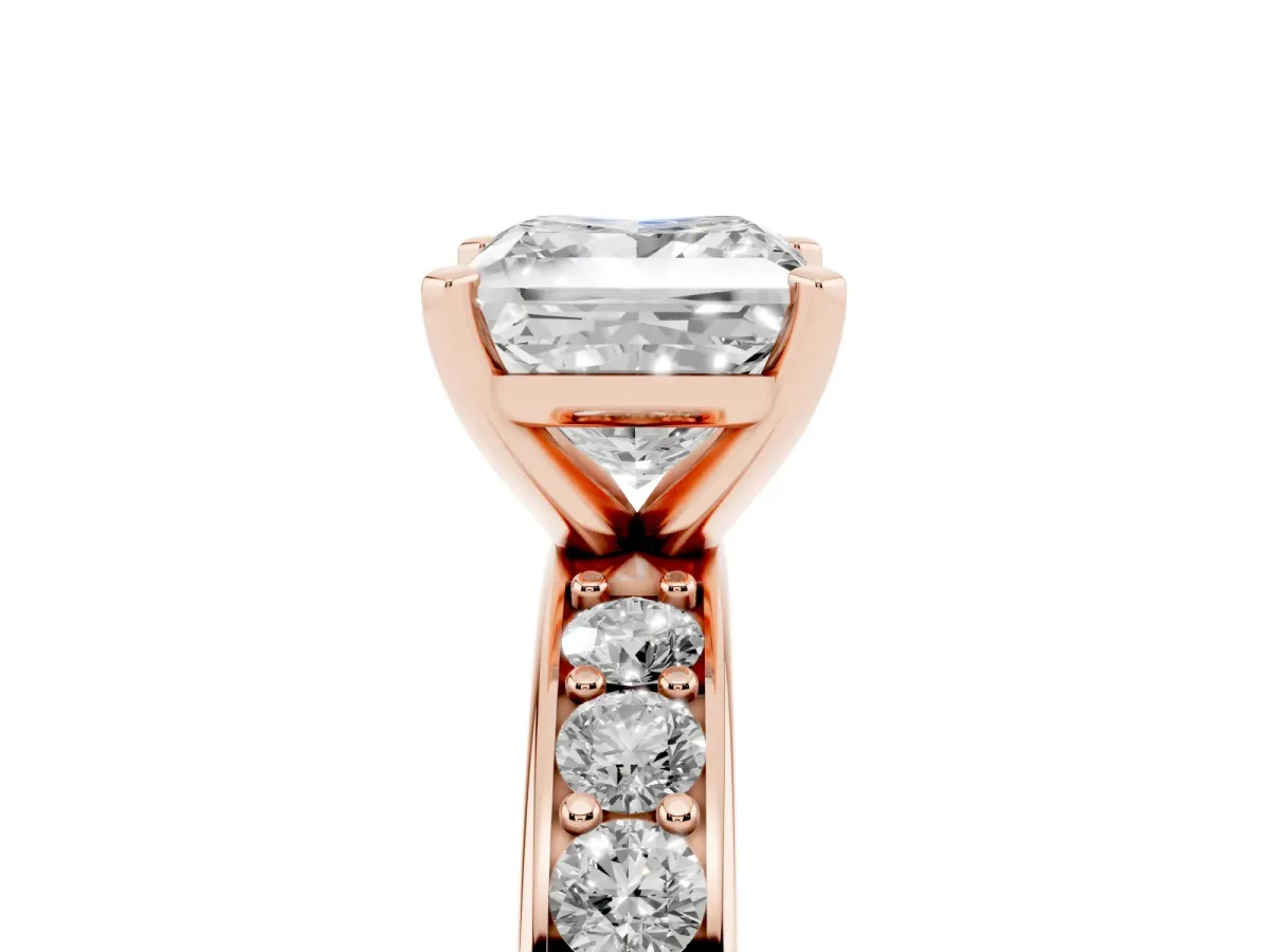Princess Cut Diamond Engagement Ring with Channel Set Round Band and Prong Setting Rose gold