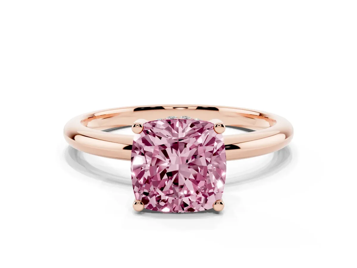 Fancy Pink Cushion Cut Cut Solitaire Engagement Ring with Four-Prong Setting and Classic Band Rose gold