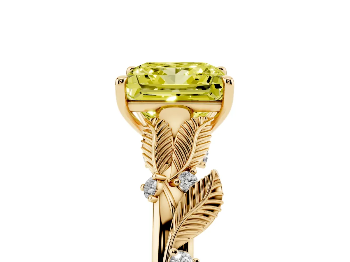 Fancy Yellow Princess Cut Diamond Solitaire Ring with Leaf Motif Band and Four-Prong Setting Yellow gold