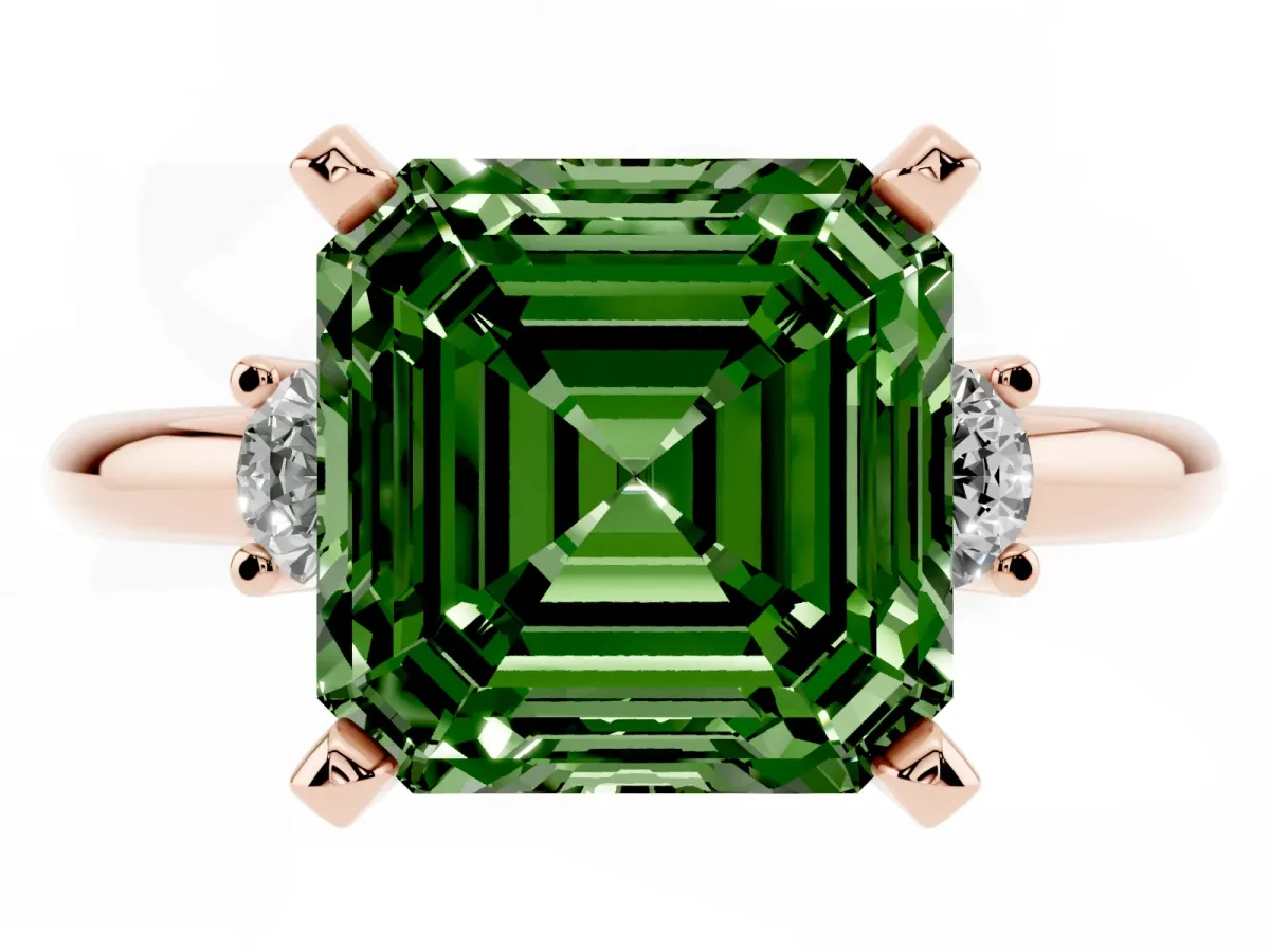 Fancy Green Three-Stone Asscher Cut Cut Diamond Solitaire with Prong Setting and Classic Band Rose gold