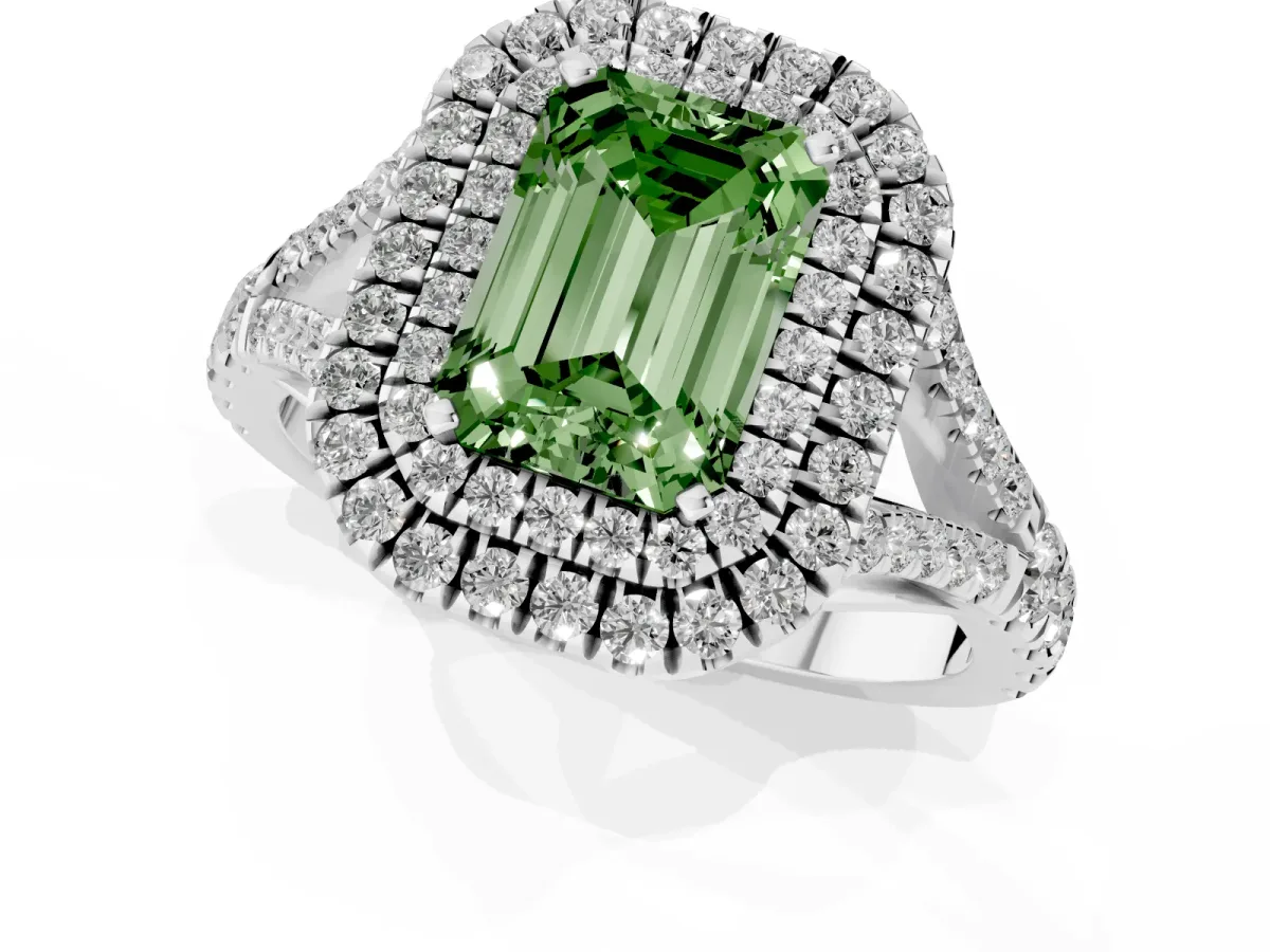 Fancy Green Emerald Cut Diamond Pavé Split Shank Double Halo Engagement Ring Silver