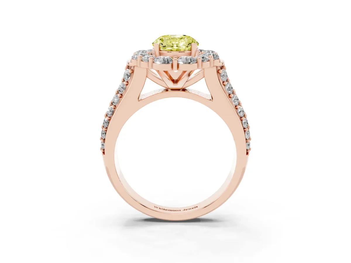 Fancy Yellow Oval Cut Halo Diamond Engagement Ring with Split Shank and Prong Setting Rose gold